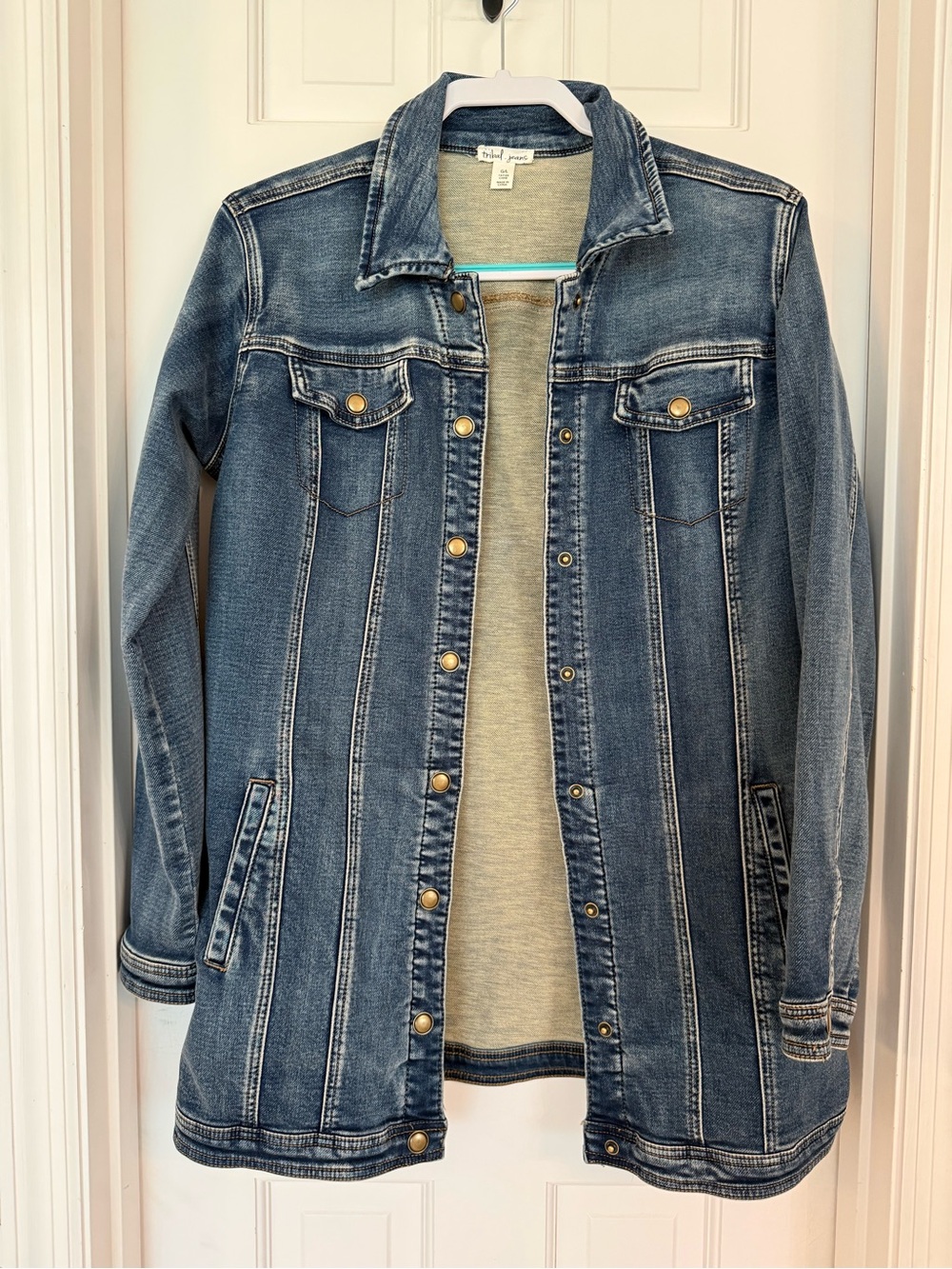 Tribal Women's Blue Denim Long Jean Jacket with Snap Front